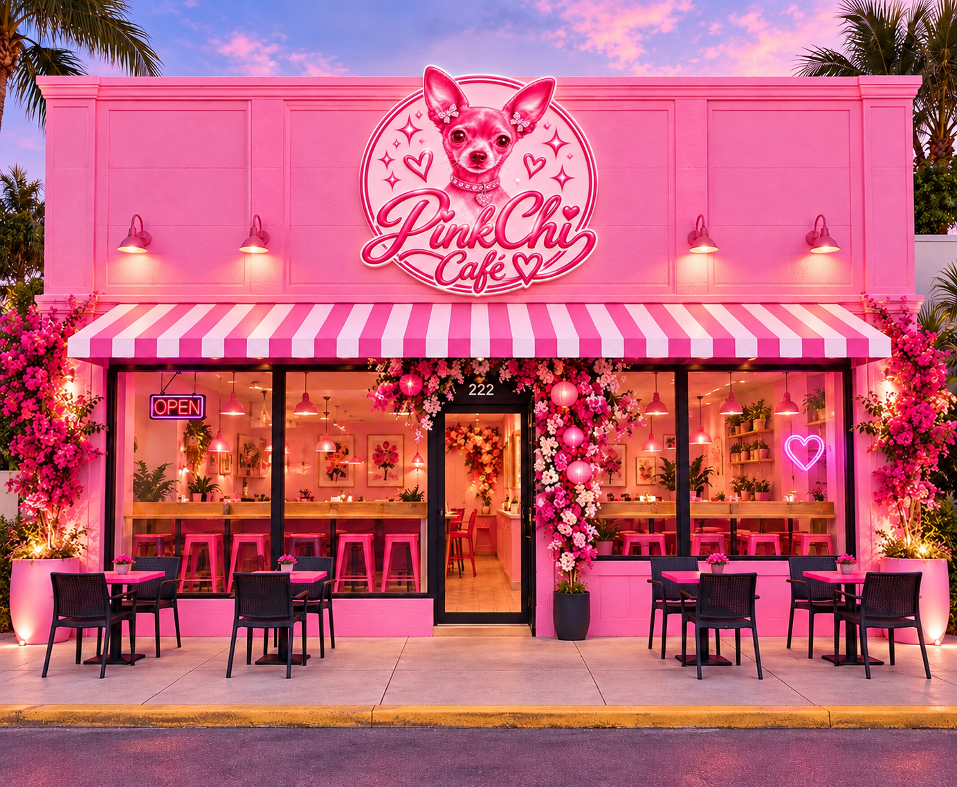 Concept rendering of the future Pink Chi Café storefront with pink awning, outdoor tables and Chihuahua sign