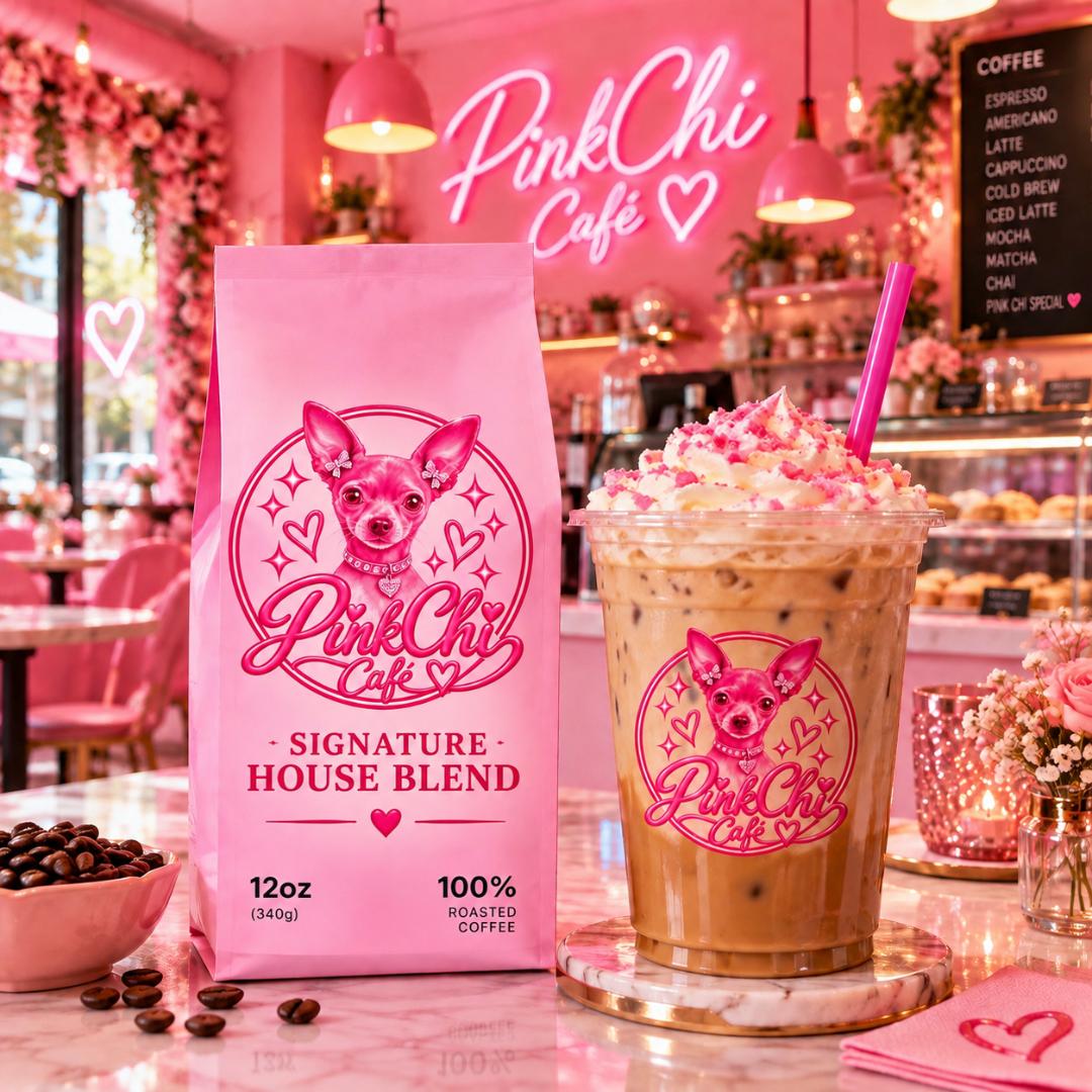 Pink Chi House Blend coffee bag next to an iced Pink Chi drink in the café
