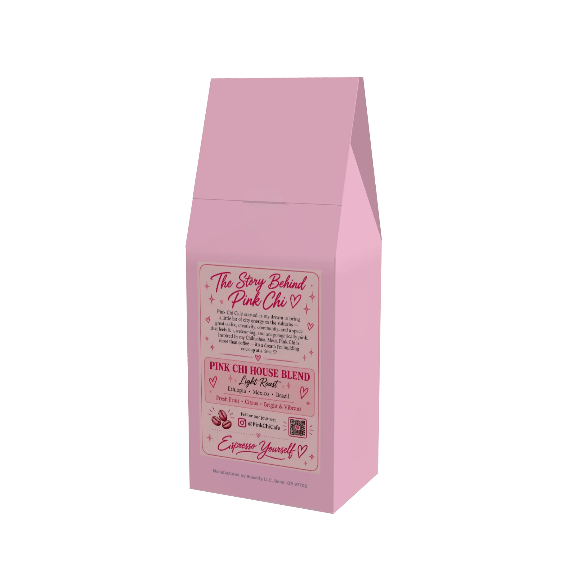 Back of the Pink Chi House Blend light roast coffee bag with the Pink Chi story label